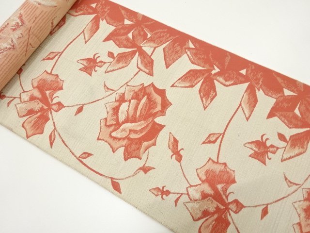 JAPANESE KIMONO / ANTIQUE ROSE PATTERN WOVEN EIGHT-SIDED OBI BOLT